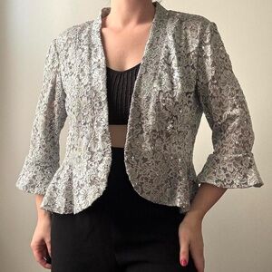 Silver lace and sequin dressy formal lightweight peplum blazer jacket